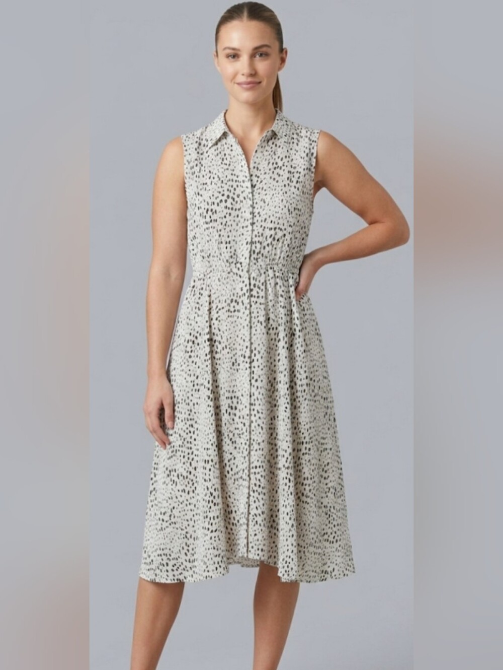 Rebecca Taylor Dress Womens 10 White Midi Shirt Dress Fit & Flare Animal Print